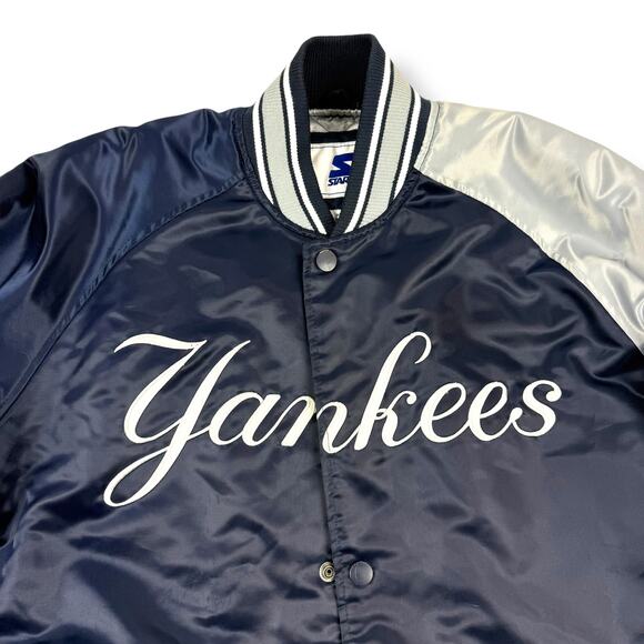 Rare STARTER NEW YORK YANKEES double sided Navy / Gray satin snap bomber jacket - Picture 16 of 16